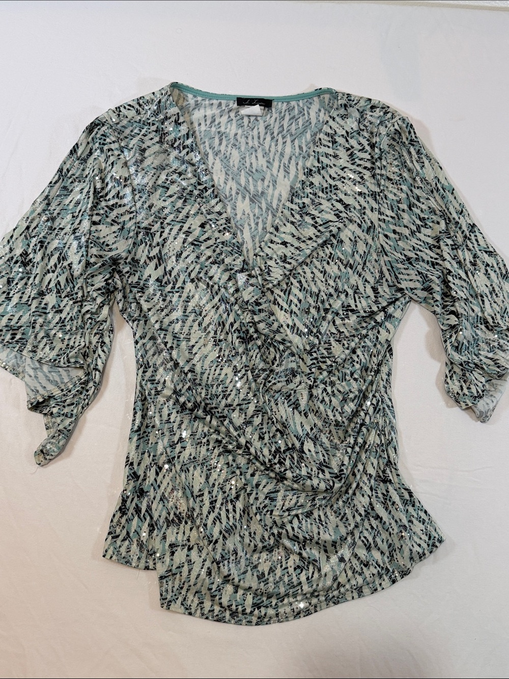 Women's Mint Green Patterned V-Neck Wrap Top